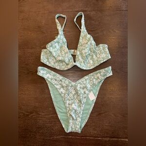 Hollister green and white floral design swim suit size